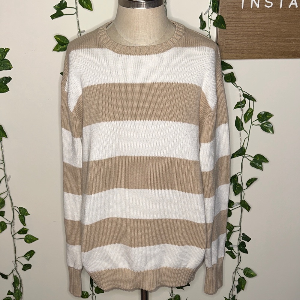 Brandy Melville Brianna Thick Oversized Cotton Tan & White Striped Sweater